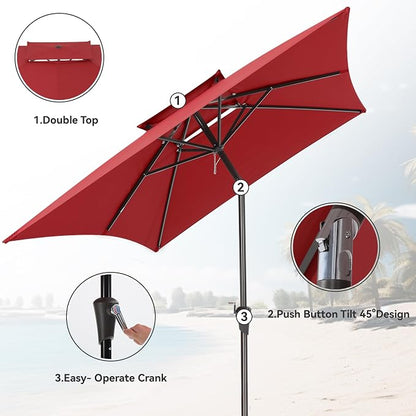 6.6 x 10 ft Rectangular Patio Umbrella, Outdoor Market Table Umbrella with Push Button Tilt and Crank, Double-Tier Vent, 6 Ribs, Rectangle Patio Umbrella for Backyard, Deck, Pool, Fits 4–6 Chairs and Tables (Wine Red)