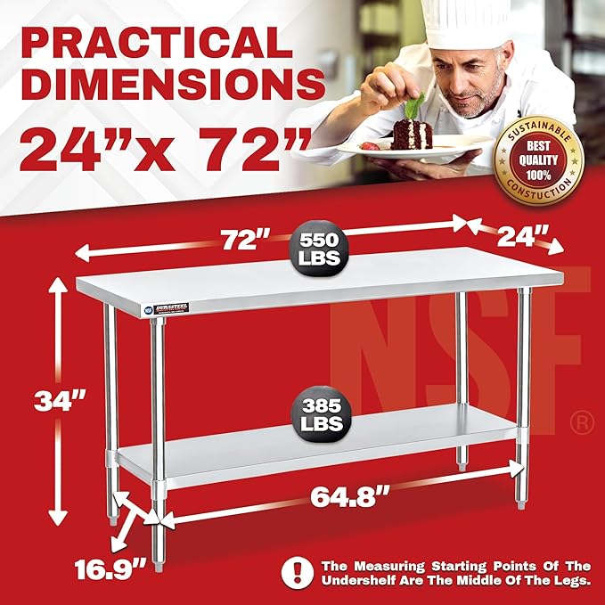 DuraSteel 24x72 Stainless Steel Work Table - NSF Commercial Prep Metal Table w/Adjustable Under Shelf - Kitchen Outdoor Pizza Oven Stand, Garage Workbench, Laundry Utility Worktable - 350 lb Capacity