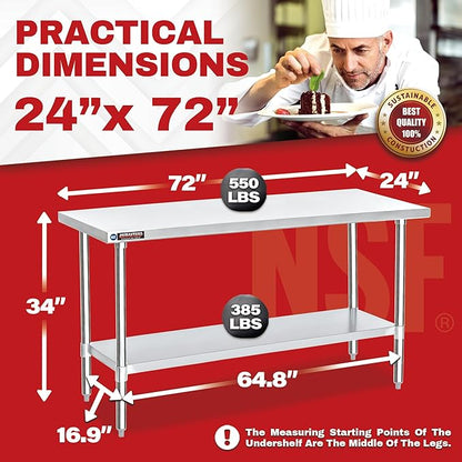 DuraSteel 24x72 Stainless Steel Work Table - NSF Commercial Prep Metal Table w/Adjustable Under Shelf - Kitchen Outdoor Pizza Oven Stand, Garage Workbench, Laundry Utility Worktable - 350 lb Capacity