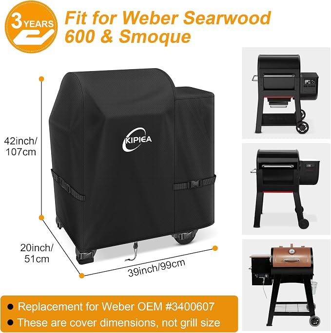 600D Pellet Grill Cover for Weber Searwood 600 & Smoque, Waterproof BBQ Smoker Cover, UV Resistant, No Tear, No Fading