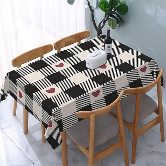 Decorative Rectangle Table Cloths Checkered Valentines Black Plaid Red Heart Tablecloth Table Cover for Dining/BBQ/Picnic/Coffee Table 52 X 70 Inches