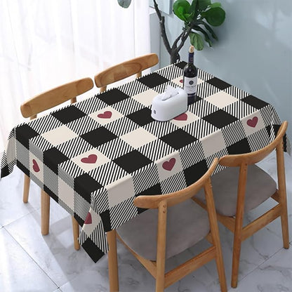 Decorative Rectangle Table Cloths Checkered Valentines Black Plaid Red Heart Tablecloth Table Cover for Dining/BBQ/Picnic/Coffee Table 52 X 70 Inches