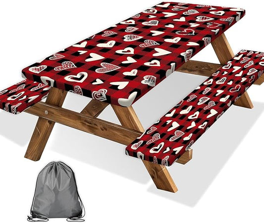 Valentines Day Picnic Table Cover with Bench Covers, Camping Essentials, Heart Buffalo Plaid Outdoor Table Covers, Waterproof Windproof, Fitted Tablecloth Cover with Elastic Edge, 3 PCS, 30x96 Inch