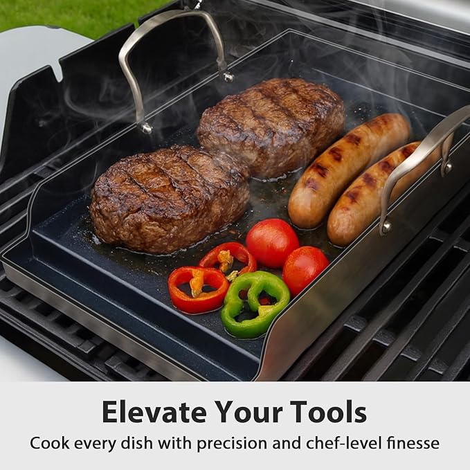 Utheer 16.5x10 Ceramic Nonstick Stainless Steel Griddle for Gas Grill | Ceramic Nonstick Stainless Steel Griddle Fits Gas Grill, Charcoal Grill and Stove Top with Grease Channel and Handles
