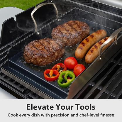 Utheer 16.5x10 Ceramic Nonstick Stainless Steel Griddle for Gas Grill | Ceramic Nonstick Stainless Steel Griddle Fits Gas Grill, Charcoal Grill and Stove Top with Grease Channel and Handles