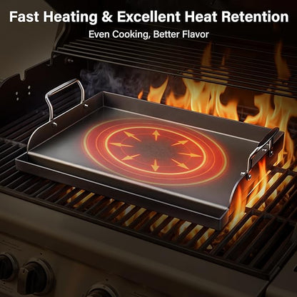 17" x 13" Cast Iron Flat Top Griddle - Oil Coating Non-Toxic - Universal Grill Insert with High Sidewalls, Fits Gas/Charcoal/Electric Grills (Weber, Charbroil, Nexgrill, More)