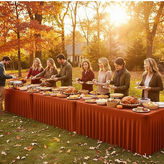 HolidayIdeas 4 Pack Rust Spandex Table Skirts 8ft Fall Tablecloths Ruffle | Stretchy Table Covers, Thanksgiving Decorations, Wrinkle Resistant Table Cloths For 30x96, Rectangle Tables for Autumn Event