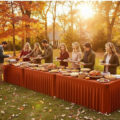 HolidayIdeas 4 Pack Rust Spandex Table Skirts 8ft Fall Tablecloths Ruffle | Stretchy Table Covers, Thanksgiving Decorations, Wrinkle Resistant Table Cloths For 30x96, Rectangle Tables for Autumn Event