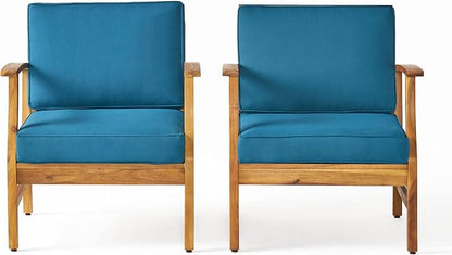 Christopher Knight Home Perla Outdoor Acacia Wood Club Chairs with Water Resistant Cushions, 2-Pcs Set, Teak Finish / Blue