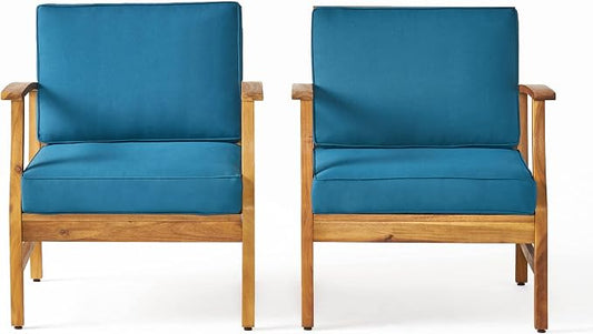 Christopher Knight Home Perla Outdoor Acacia Wood Club Chairs with Water Resistant Cushions, 2-Pcs Set, Teak Finish / Blue