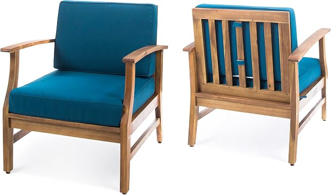 Christopher Knight Home Perla Outdoor Acacia Wood Club Chairs with Water Resistant Cushions, 2-Pcs Set, Teak Finish / Blue