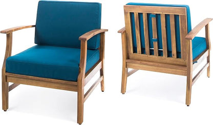 Christopher Knight Home Perla Outdoor Acacia Wood Club Chairs with Water Resistant Cushions, 2-Pcs Set, Teak Finish / Blue
