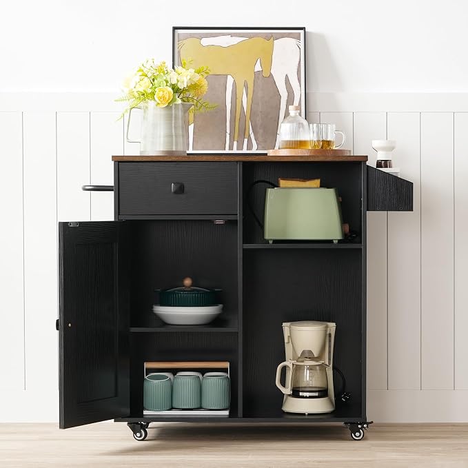 HOOBRO Kitchen Island, Storage Cabinet with Drawer, Kitchen Cart with Spice and Towel Rack, Saving Space, Easy Assembly, for Living Room, Rustic Brown and Black FB12ZD01