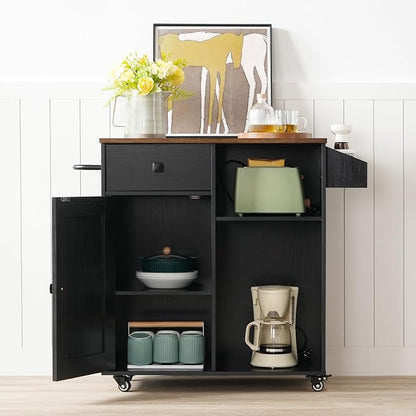 HOOBRO Kitchen Island, Storage Cabinet with Drawer, Kitchen Cart with Spice and Towel Rack, Saving Space, Easy Assembly, for Living Room, Rustic Brown and Black FB12ZD01