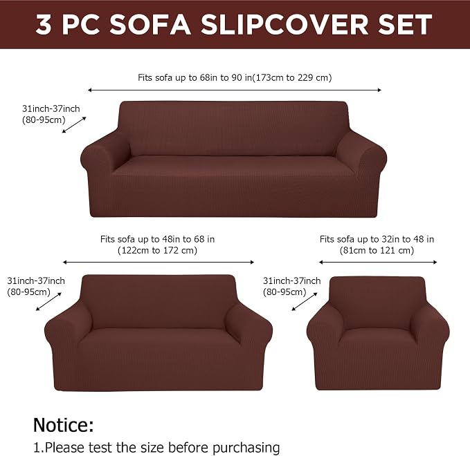 Peryiter 3 Pcs Couch and Loveseat Sofa Covers,Brown,Fleece | Armchair Covers for Living Room, Sofa Cushion Slipcover, Furniture Protector, Polyester and Spandex, Washable