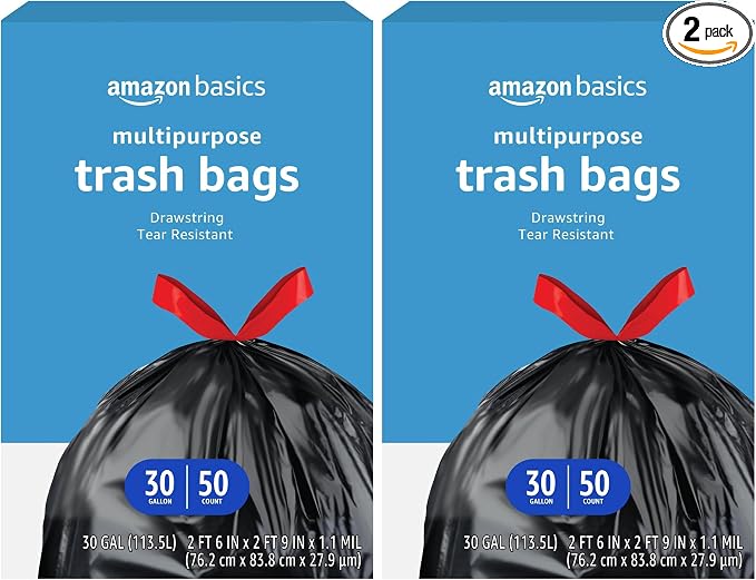 Amazon Basics Trash Bags, 30 Gallon, 50 Count | Drawstring | Multipurpose | Pack of 2