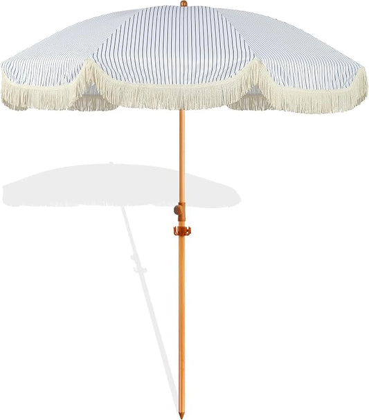 Seazul 6.5ft Patio Umbrella with Fringe, Beach Umbrella, Fringe Umbrella Outdoor Patio with Hanging Hook, Tilting Aluminum Pole, UV 50+, Fiberglass Ribs, Blue White Stripe