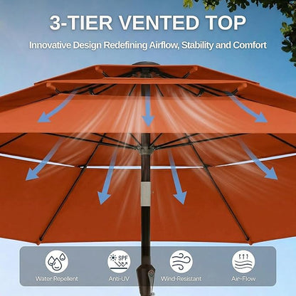10ft Patio Umbrella, 3 Tier Outdoor Market Table Umbrellas with 8 Fiberglass Ribs and Push Button Tilt, Windproof, Vented Canopy, UV Protection for Deck, Pool, Backyard
