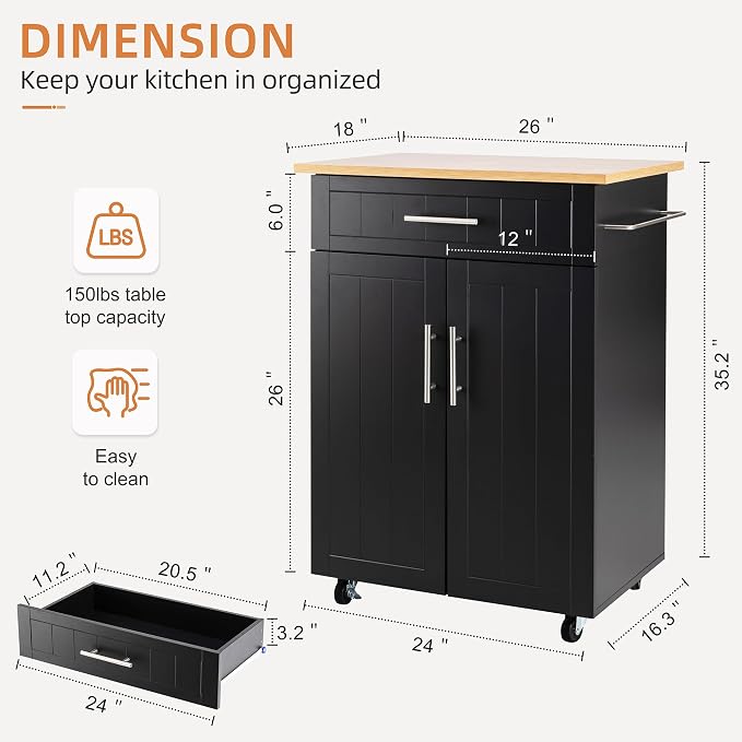 Shintenchi Kitchen Island cart with Storage, Portable Bar Cabinet on Wheels, Rolling Microwave Cart Side Table with Workstation for Kitchen, Dinning Room, Black