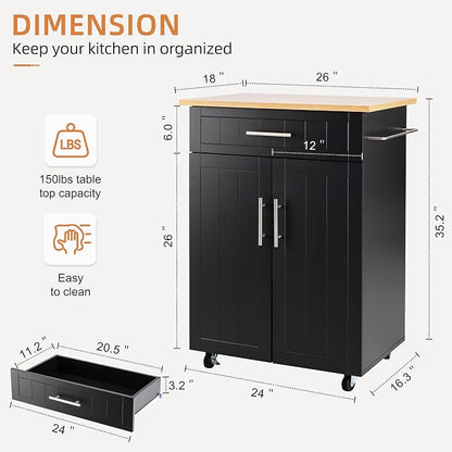 Shintenchi Kitchen Island cart with Storage, Portable Bar Cabinet on Wheels, Rolling Microwave Cart Side Table with Workstation for Kitchen, Dinning Room, Black