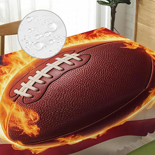 Tablecloth American Flag Football 52 X 70 Inch, Sport Fire Football USA Flag Oblong Table Cloths Anti-Shrink Decorative Table Cover for Kitchen Dinning Tabletop Outdoor Picnic BBQ