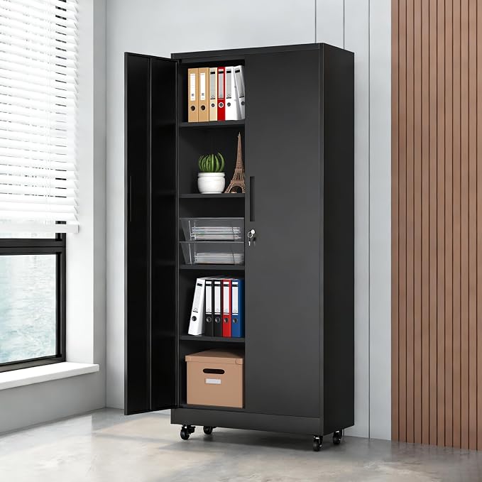 73" H Metal Cabinet with Wheels, Lockable Storage Cabinet, Black | Cabinets with 2 Doors and 4 Adjustable Shelves, Steel Garage Storage Cabinets for Workshop Home Office, 73"H x 16"D x 32"W