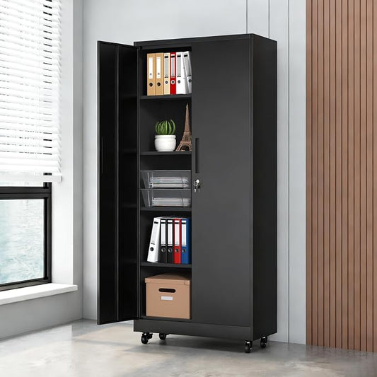 73" H Metal Cabinet with Wheels, Lockable Storage Cabinet, Black | Cabinets with 2 Doors and 4 Adjustable Shelves, Steel Garage Storage Cabinets for Workshop Home Office, 73"H x 16"D x 32"W