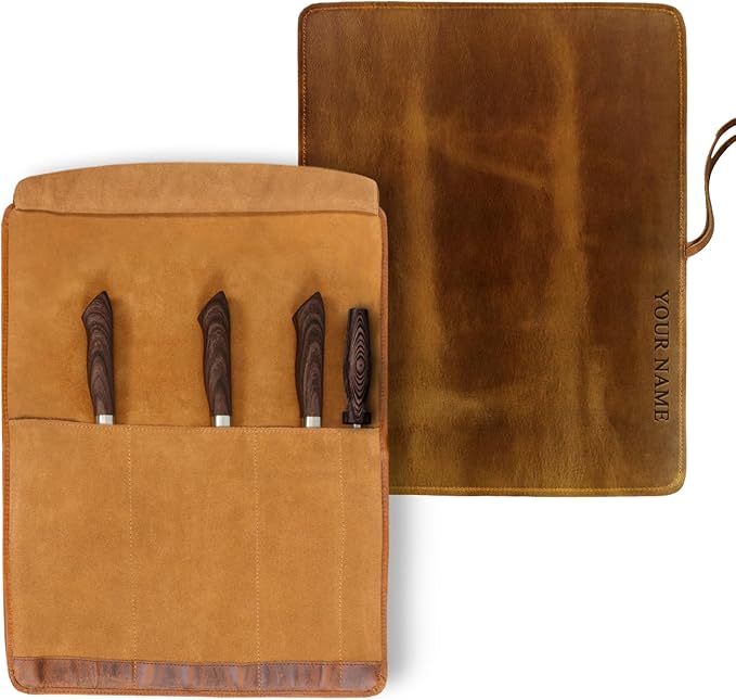 ELIZO Personalized Premium Full Grain Leather Chef Knife Roll, 17L x 14W inches Knife Storage Travel Case, Professional Customizable Chef Knife Case - Holds 4 Chef Knives