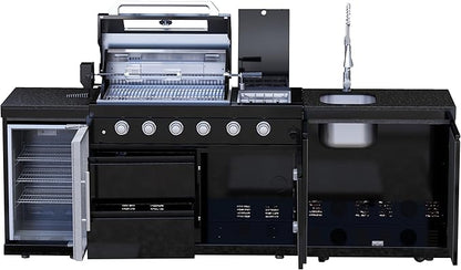98" Natural Gas Outdoor Kitchen Island - 46-Inch 4-Burner 72,000 BTU Deluxe Stainless Steel Grill Wine Cooler Compact Refrigerator Rotisserie kit Granite Countertops Stainless steel Sink,Black