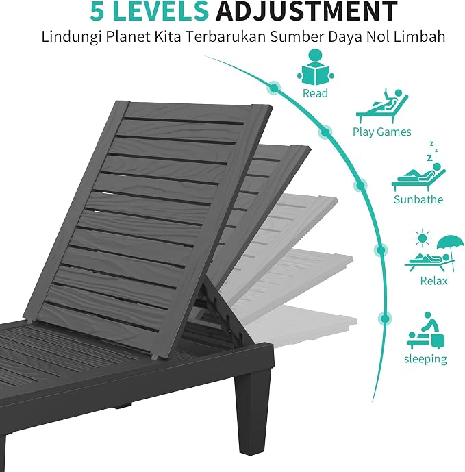 Outdoor Chaise Lounge Chair Set of 4, Black | 5-adjustable position, all weather resin, lightweight, tanning lounge chairs for pool, patio, beach, outside