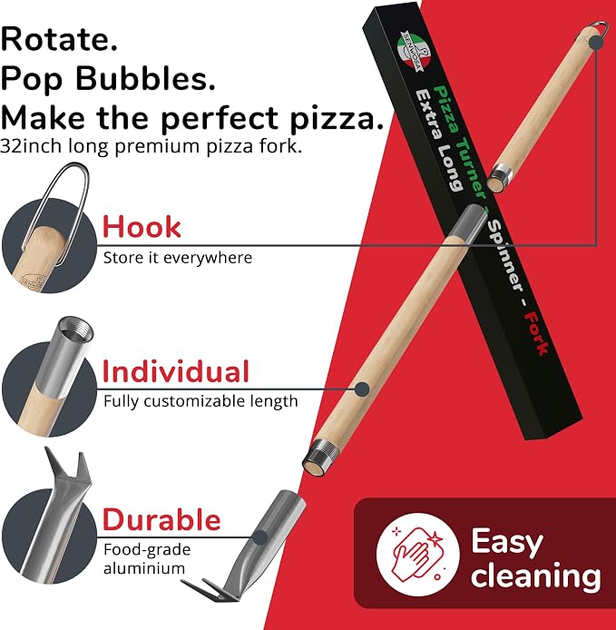 Pizza Turner Fork & Bubble Popper - Easy Pizza Rotation for Evenly Baked Crust - Adjustable Handle [26"-32”]