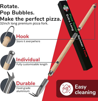 Pizza Turner Fork & Bubble Popper - Easy Pizza Rotation for Evenly Baked Crust - Adjustable Handle [26"-32”]