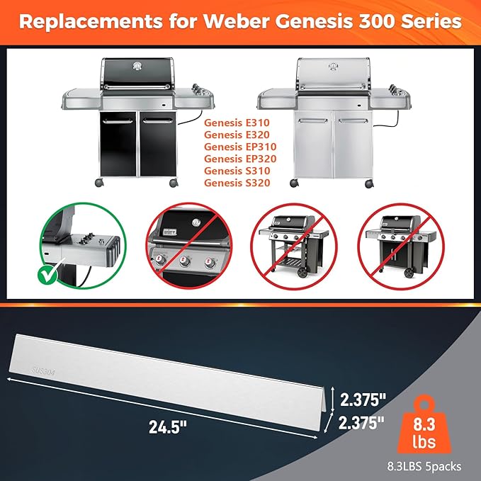 QuliMetal SUS304 24.5 Inch Flavorizer Bars for Weber Genesis 300 Series Grills with Side Controls Knobs, Genesis E310 E320 S310 S320 EP310 EP320, 304 Stainless Steel Heat Plates for Weber 7539 7540