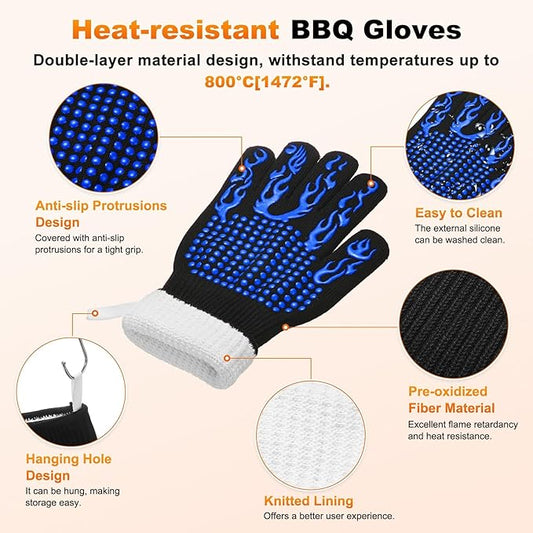 M METERXITY 1-Pair BBQ Gloves, 1472°F Heat Resistant Non-Slip Grilling Oven Gloves for Barbecue/Baking/Cooking, with Storage Bag [Flame Pattern L, Blue]