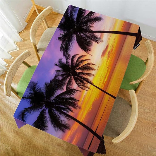 Swono Palm Trees Rectangular Tablecloth Ocean Seascape Beach Palm Tree Sunset Non-Fading Table Cloth Kitchen Dining Room Table Cover for Party Picnic BBQ 50x72 Inch Tablecloths