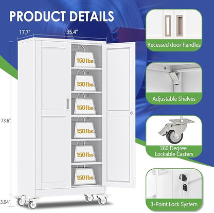 73.6" Metal Garage Storage Cabinet with Wheels and Locking Doors and Tall Rolling Steel Tool Cabinet with 5 Adjustable Shelves for Garage,Home,Office,Shop (White, 73.6''H x 35.4''W x17.7''D)
