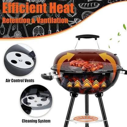 18 Inch Charcoal Grill, Leonyo Portable Barbecue Kettle Grill, Round Smoker with Wheels and Porcelain-Enameled Lid for Outdoor Cooking, Camping, Backyard and Beach, Black