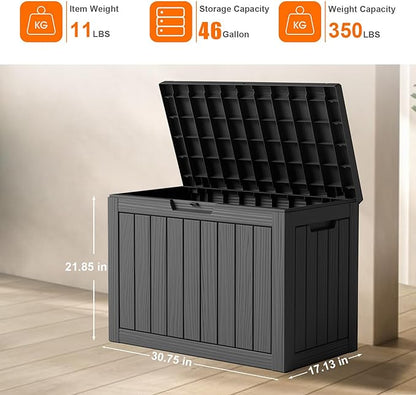 46 Gallon Outdoor Deck Box, Resin Waterproof Storage Box With Lockable Lid, UV-Resistant Multi-Purpose Outdoor Storage Bench for Patio Cushions, Garden Tools, Pool Accessories (46 Gallon, Black)