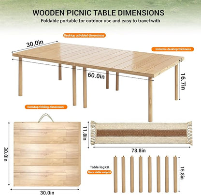 60"x30" Portable Boho Wooden Low Folding Picnic Table for Indoor Outdoor | Comes with Table Runner, Stable 8-leg Support & Thickened Structure, Thick Painted Tabletop Easy to Wipe, Fits 4-6 People