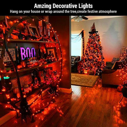 BrizLabs Orange Halloween Lights 300 Count 69.6ft Incandescent Light String | Connectable; UL Certified; Waterproof Outdoor Autumn Fall Mini Tree Lights Green Wire for Halloween Thanksgiving Xmas Indoor