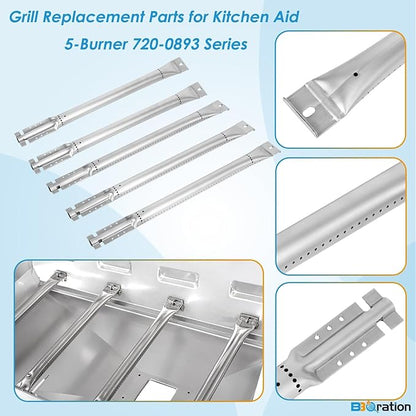 Replacement Kit for Kitchen Aid 720-0893 720-0893A 720-0893D 720-0893G, 7MM Stainless Steel Cooking Grates, Burners and Heat Plates for Kitchenaid Grill Replacement Parts 5-Burner Gas Grill