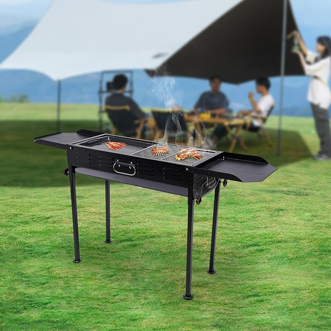 Large Charcoal BBQ Grills, Portable Charcoal Grill Adjustable Height, Outdoor Barbecue Grill with Dual-Zone Individual & Adjustable Charcoal Tray, Black