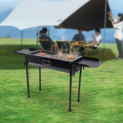 Large Charcoal BBQ Grills, Portable Charcoal Grill Adjustable Height, Outdoor Barbecue Grill with Dual-Zone Individual & Adjustable Charcoal Tray, Black