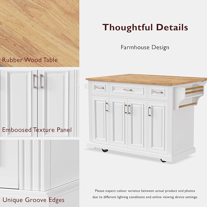 Ball & Cast Modern Large Kitchen Island with Rubber Wood Drop Leaf, Embossed Texture Rolling Cart on 4 Wheels W/4 Doors & 3 Drawers, Mobile Storage Kitchen Islands W/Storage for Dining Room,White,54"