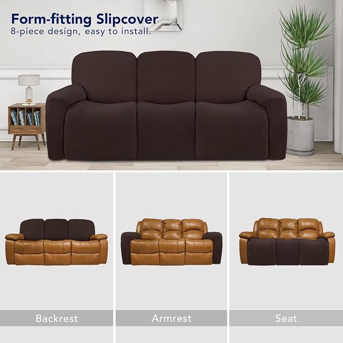 PureFit Super Stretch 3 Seats Recliner Sofa Couch Cover with Pocket | Non Slip Soft Sofa Slipcover, Washable Spandex Reclining Furniture Protector for Kids, Pets (Recliner Sofa, Chocolate)