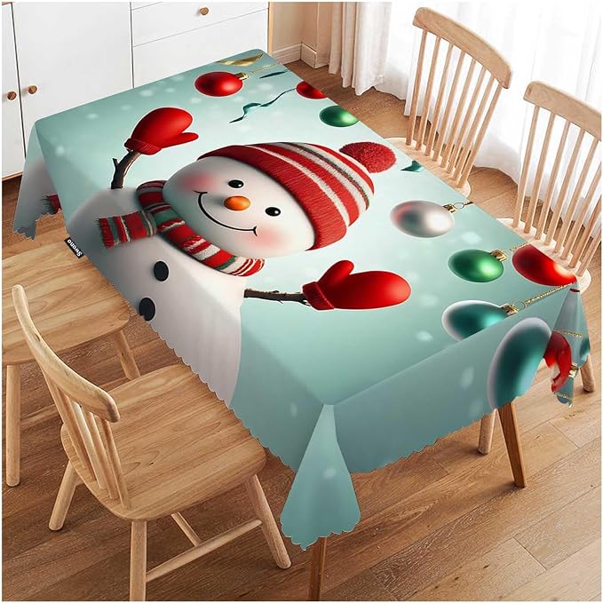 Swono Snowman Rectangular Tablecloth Christmas Snowman Glass Ball Colorful Washable Table Cloth Kitchen Dining Room Table Cover for Party Dinner 50x72 Inch Tablecloths