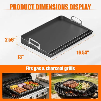 16" x 13" Portable Steel Nonstick Grill Griddle for Gas & Charcoal Grills, Flat Top BBQ Griddle Plate with Grease Groove & Removable Handle, Universal Fit for Outdoor & Home Cooking, Tailgating