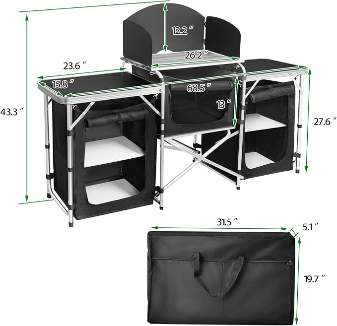 CampLand Folding Camping Kitchen Table with Windscreen,Portable Outdoor Cooking Station with Storage Cabinet & Side Tables Heavy Duty Camp Cook Station for Camping & BBQ (Black3cabinet)