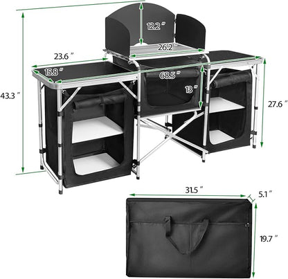 CampLand Folding Camping Kitchen Table with Windscreen,Portable Outdoor Cooking Station with Storage Cabinet & Side Tables Heavy Duty Camp Cook Station for Camping & BBQ (Black3cabinet)