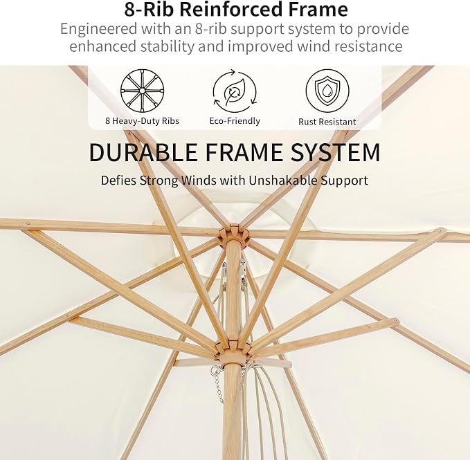 9FT/10FT Wood Patio Umbrella, Large Outdoor Table Pool Umbrella | 205G Olefin/180G Polyester Fabric, Push-Pull Operation Market Umbrella, 8 Rib Vented Canopy, Ideal for Patio, Backyard